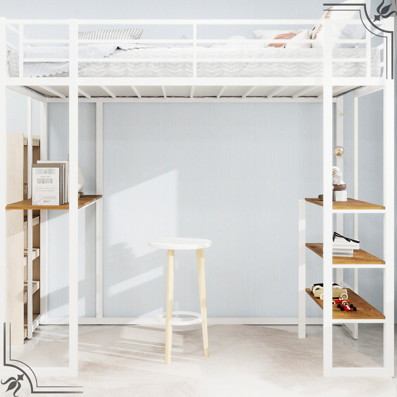 Twin White Iron Bed, Built - In Table, Railing, Functional, Bedroom, Stable Structure, Double Supported Legs, Quick Setup L Shaped Desk, Stairs, Stable, Safe, Long Lasting Material,