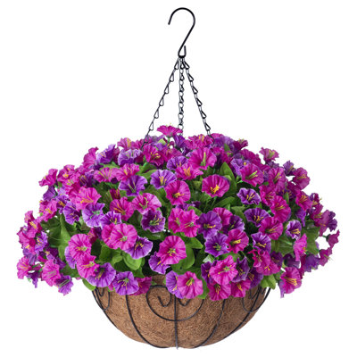 Artificial Hanging Flowers With Basket, Faux Silk Petunias Flower Arrangement, Coconut Lining With Morning Glories Fake Plants Patio Garden Porch Deck Spring Summer Decor(Lotus And Fuchsia)