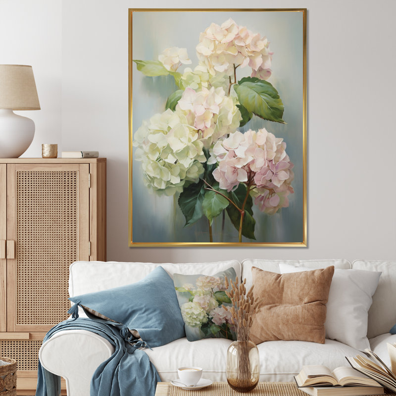 «White Pink Hydrangea Whispering Blooms», reproduction sur toile, H 40 po x l 30 po x P 1,5 po, Cadre flottant doré