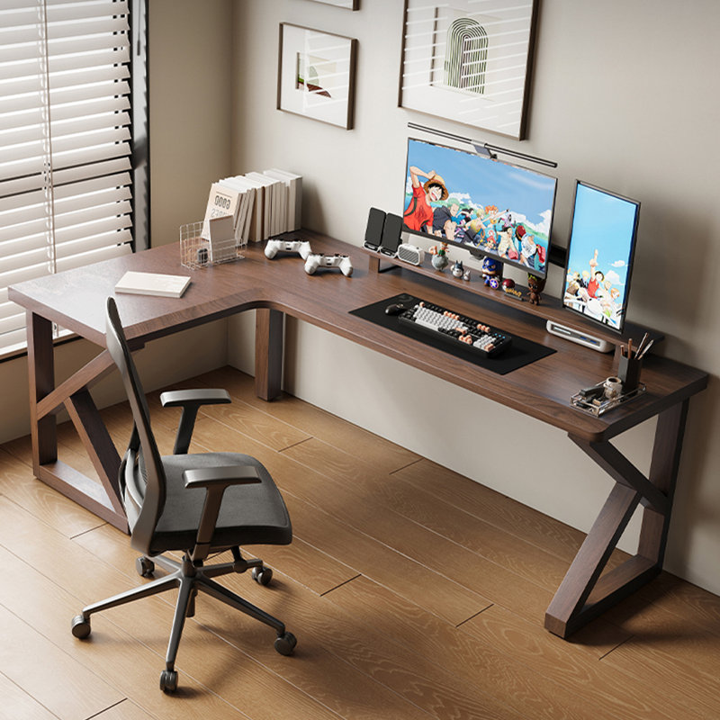 Light Walnut Color L-Shaped Solid Wood writing desk, Walnut, 29.53" H × 70.87" W × 39.37" D