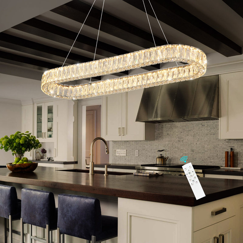 Modern Dimmable Crystal Led Long Chandelier, Silver