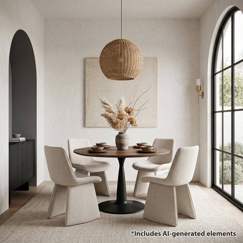 Ensemble de salle à manger rond central sur pied de 40 pouces pour 4 personnes avec des chaises rembourrées en tissu, Beige