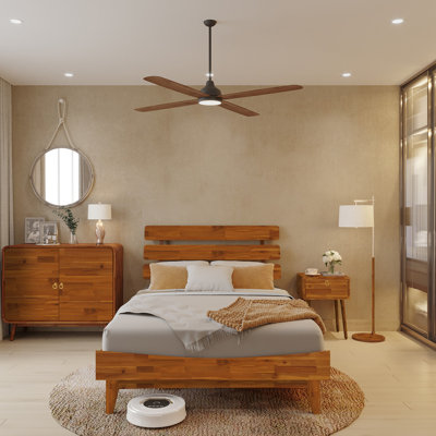 Lit plateforme en bois massif avec tête de lit ajustable Caden, style Mid-Century moderne