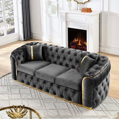 3 Luxury Couch In Gray Velvet With Button Tufting, 90.6 Inches 2 Pillows & Gold Stainless Steel Accents For Living Room , And