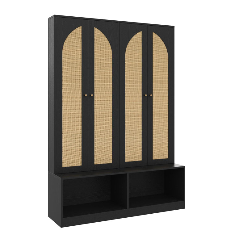 Farmhouse Widen Hall Tree with 4 Rattan Doors, Versatile 4-In-1 Seating Bench with 6 Hooks, Mid-Century Entryway Shoe Cabinet with Adjustable Shelf for Living Room,  55.1"W