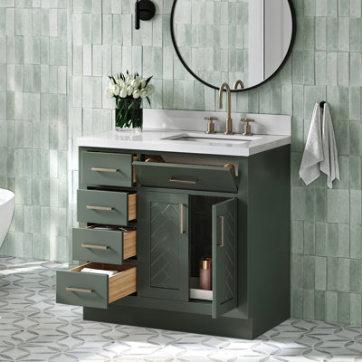 Chevron 37 Inch Right Offset Single Rectangle Vanity Bathroom Vanity with Pure White Quartz Countertop 1.5 Inch in Vintage Green