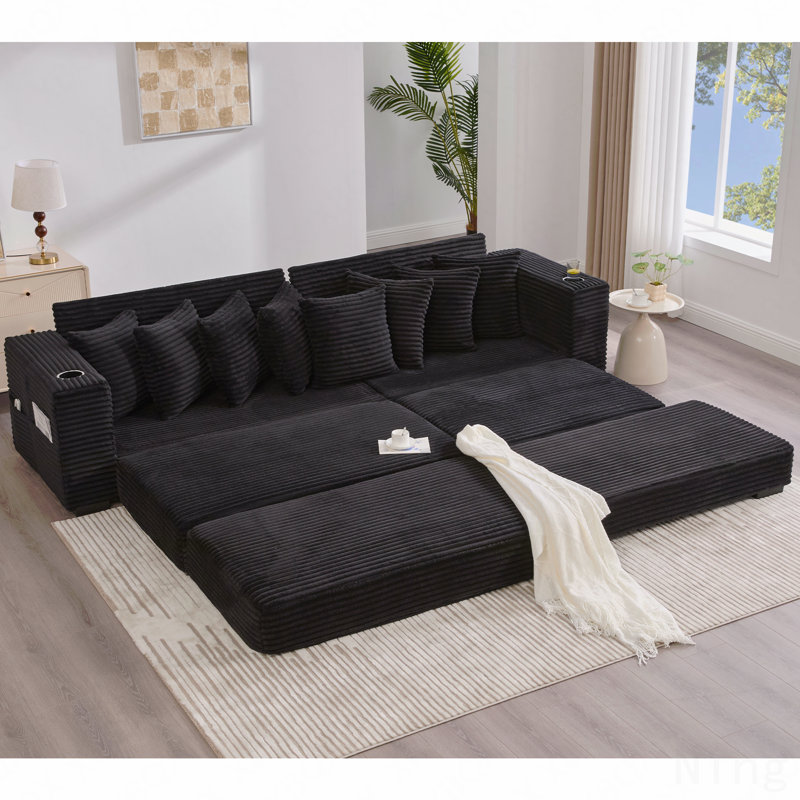 Canapé modulaire en L 110,75 po, canapé modulaire en velours côtelé, avec repose-pieds mobile, porte-gobelets, 8 coussins décoratifs, poche latérale, déplier dans un lit, noir