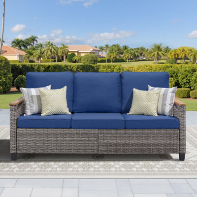 All Weather Wicker Patio Couch, 3 Seats Patio Sofa With Cushions, Outdoor Patio Sofa For Garden, Porch, Backyard, Beige, Blue by Latitude Run