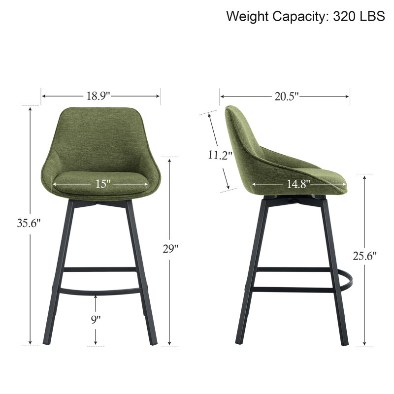 Absalom Swivel Upholstered 25.6'' Linen Counter Stool with Metal Frame, Green