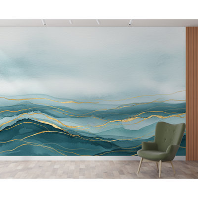 Luxury Ocean View Wallpaper Mural – Deep Teal Watercolor Waves, Gold-accented Crests, Misty Cyan & White Coastal Wall Art (Non-woven) 