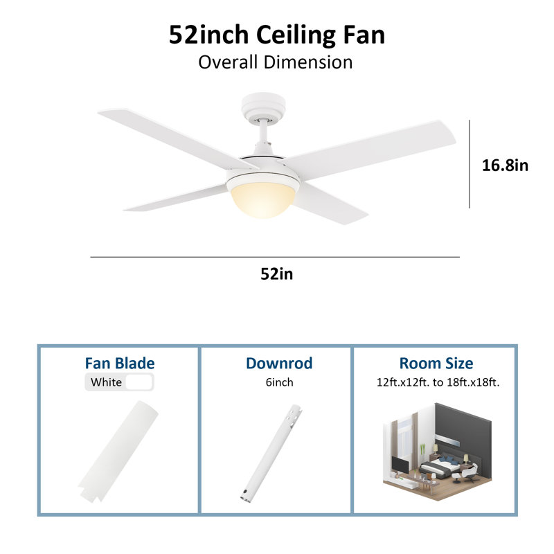 Edelbert 52'' Ceiling Fan with LED Lights, White, White