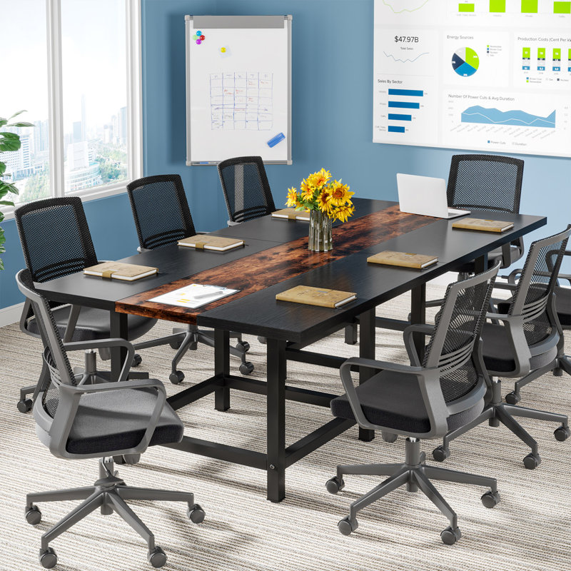 Square Conference Table, 73.7cm H x 99.1cm W x 99.1cm D, Black/Dark Oak