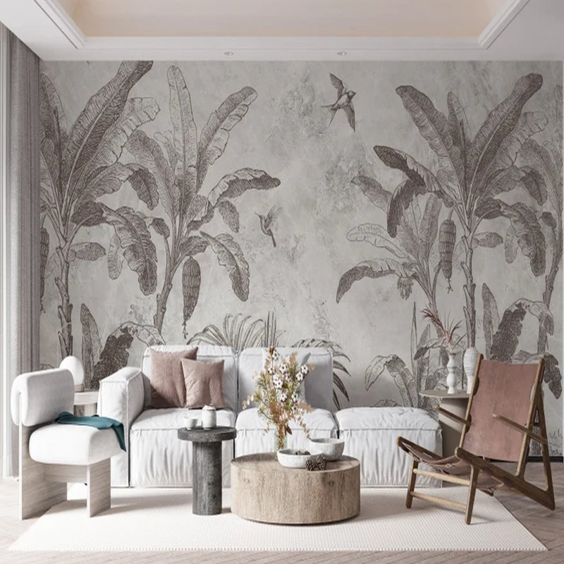 Murale rétro avec bananeraie et oiseaux tropicaux, L 108 po x l 96 po