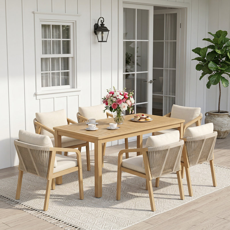 All Weather Acacia Wood Outdoor Dining Set with Water-Resistant Cushions, 6