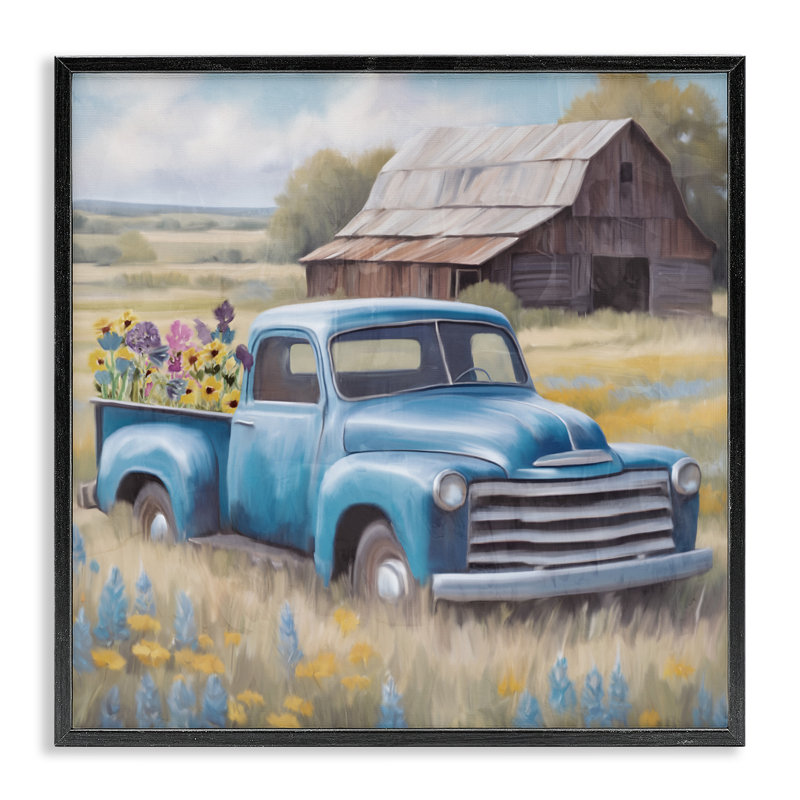 Camion à fleurs en giclée bleue antique, design par Kim Allen, H 12 po x l 12 po, Giclée encadrée noir minuit