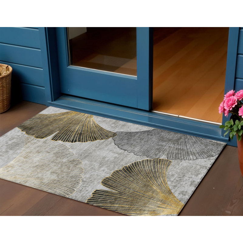 3' X 5' Gray Charcoal And Silver Floral Washable Indoor Outdoor Area Rug