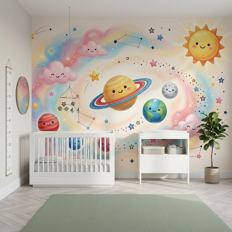Mignon espace papier peint décoratif galaxie pastel Kawaii Planets, 100 po x 96 po, Peler et coller