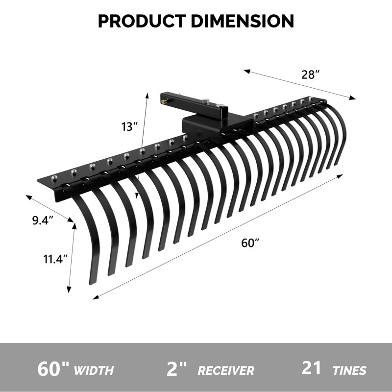Remorque de 60 po derrière le broyeur, râtelier avec 21 dents en acier pour VTT / UTV et attelage à 3 points, râtelier pour jardin