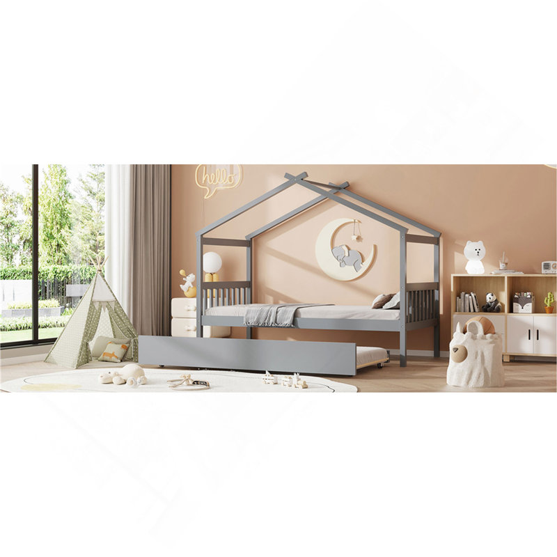 Lit simple en bois avec lit gigogne simple, Gris, Lit simple