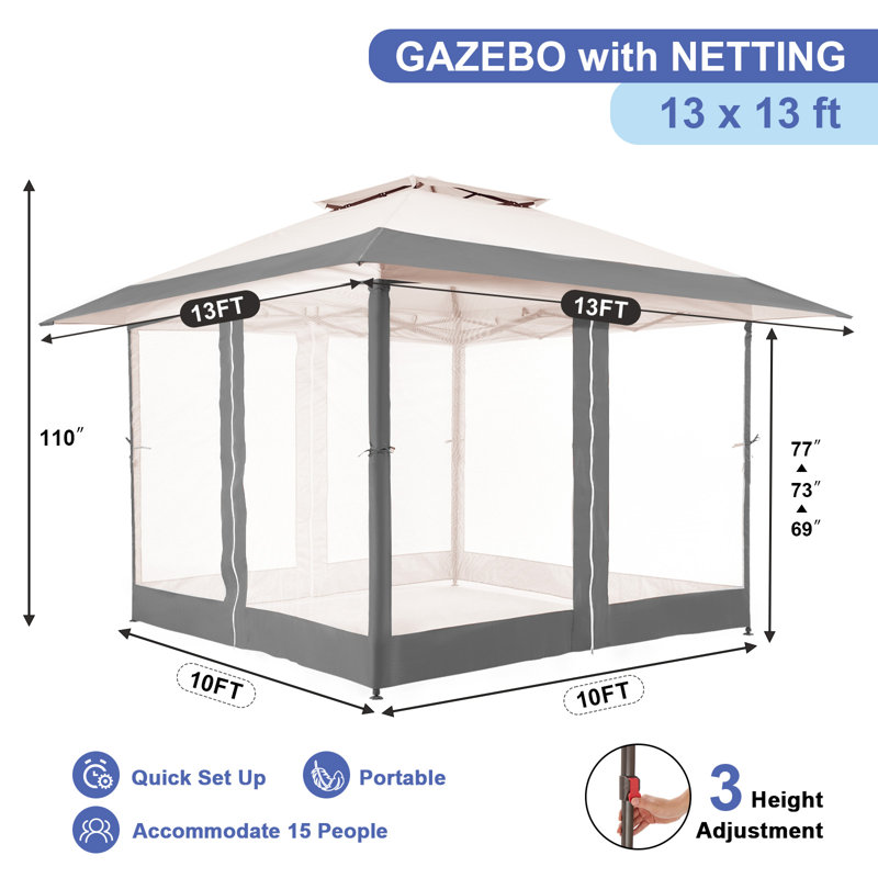 Abri de jardin avec moustiquaire 13 pi x 13 pi, gris