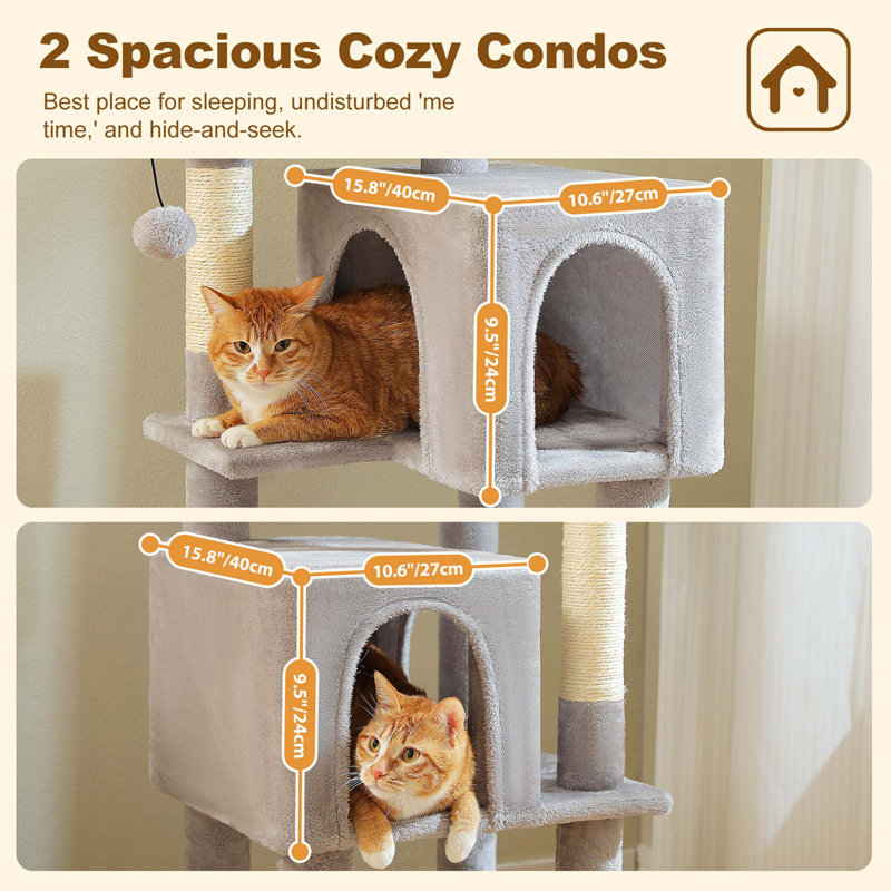 62" Multi-Level Cat Tower With 2 Spacious Condos, Scratching Pad, 4 Cat Scratching Posts, 2 Cat Perches, 2 Pompoms, Grey