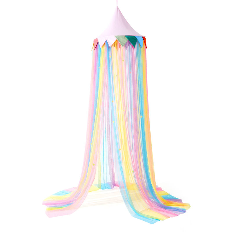 Ciel de lit suspendu pour chambre d'enfant, décoration pour chambre de fille, filet en maille dégradée arc-en-ciel 40D, tente dôme suspendue pour lit simple/double et coin lecture, étoiles phosphorescentes