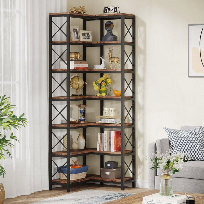 Bibliothèque d'angle à sept niveaux avec rangement peu encombrant, Brun rustique