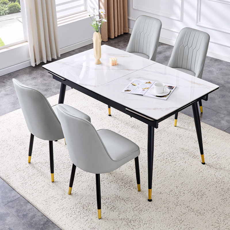 Ensemble de table de salle à manger en pierre frittée extensible de 55 à 79 po avec rallonge cachée et pieds en métal