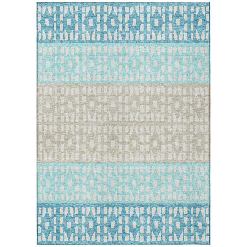 Tapis intérieur / extérieur 3 pi x 5 pi bleu turquoise et ivoire à motif géométrique lavable
