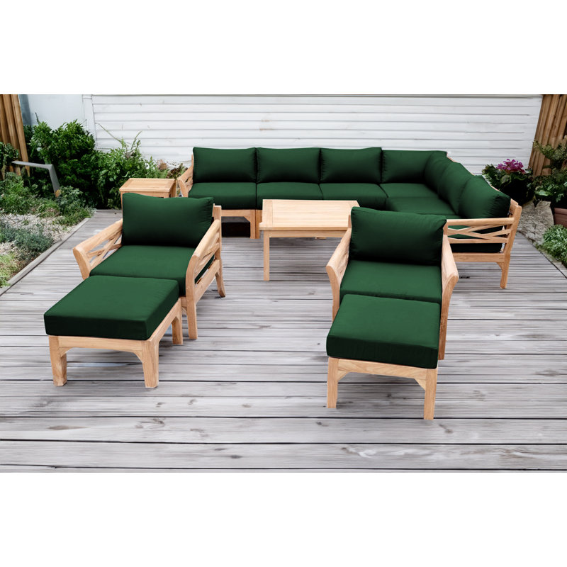 Monterey Outdoor Teak Conversation Set, 5 Pcs:  Sectional,Chair,Cushion,Table,Ottoman, Forest Green