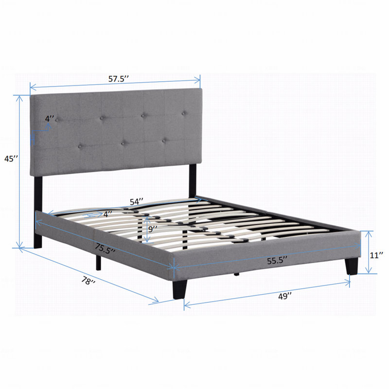 Base de lit tapissier pleine grandeur avec tête de lit en tissu de lin capitonné, pas de sommier tapissier, support à lattes de bois, assemblage facile