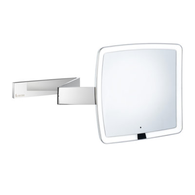 Wall mounted rechargeable LED square make -up mirror. 7x's magnification. Sensor automatically turns the light off when not in use after 12 seconds. USB charging cord included. 