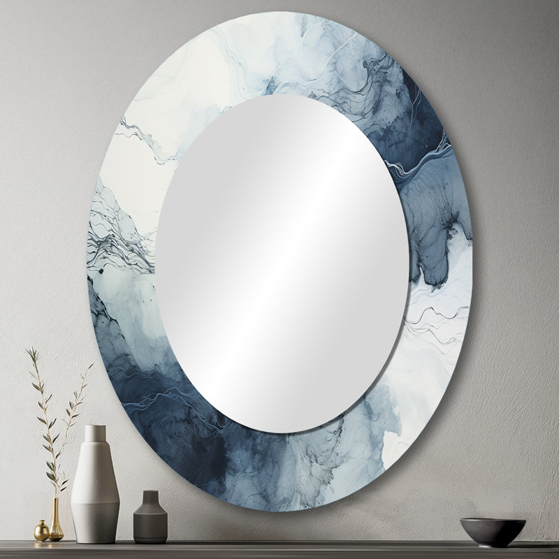 Bleu et blanc Marble River III - Miroir décoratif ovale abstrait sur métal, 43 po x 33 po