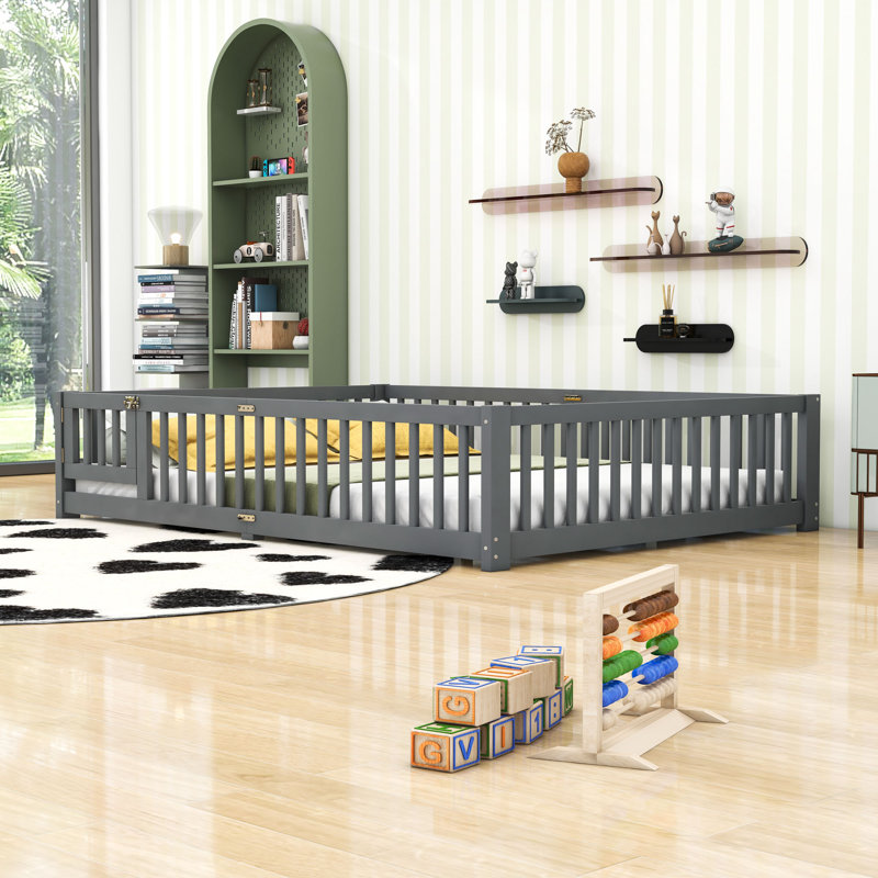 Floor Bed With Guardrails, Door And Sturdy Slats, Queen, Gray