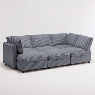 Oversized Corduroy Modular Sectional Sofa Bed with Hidden Storage, 6-Seat Convertible L-Shaped & U-Shaped Sleeper Sofa with Ottoman & Removable Covers, Flexible Modular Couch for Living Room, Gray