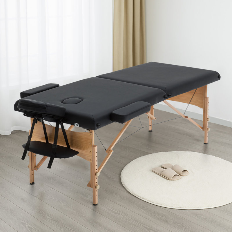 Table de massage 2 sections de lit de tatoo pliable Lit de massage portatif réglable de 73 po avec cadre en bois de polyuréthane, dossier en bois et appui-tête réglables pour les soins du visage