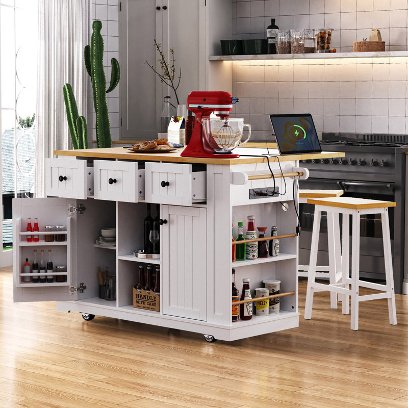 Îlot de cuisine 53 po avec 2 tabourets de bar Arlonda, Blanc