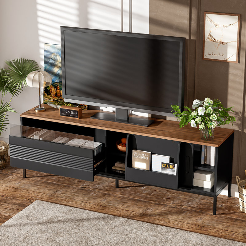 Tv Stand For Tvs Up To 75", Sliding Door, Mid-Century Modern, Living Room Media Console, Brown/Black