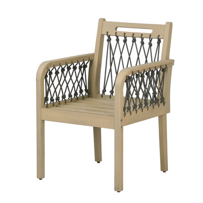 Outdoor Patio Acacia Wood Chairs With Woven Rope Arms(Set of 2), Weather-Resistant Cushions,Light teak+Dark grey rope+Cream beige cushion