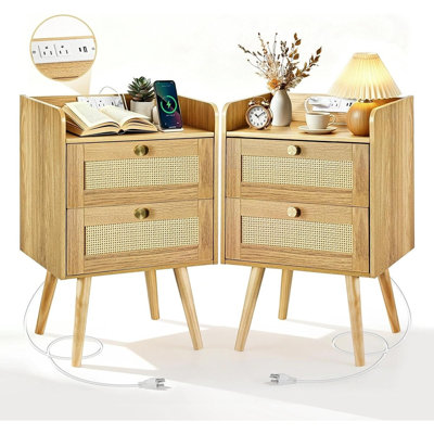 Table de chevet en rotin avec deux tiroirs, table de chevet bohème, table d'appoint de rangement tressée (bois naturel)