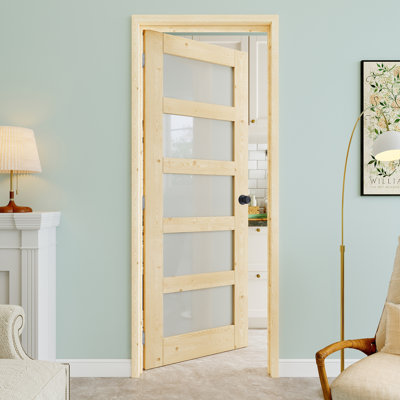 Porte pré-suspendue intérieure en bois de pin et verre givré 28 po x 80 po 5-Lite-Lite avec bouton rond et charnières argentées, dalle de porte d'intimité en verre, à peindre et imperméable, combinaison pour la lessive, portes de placard, portes de pièce, gauche