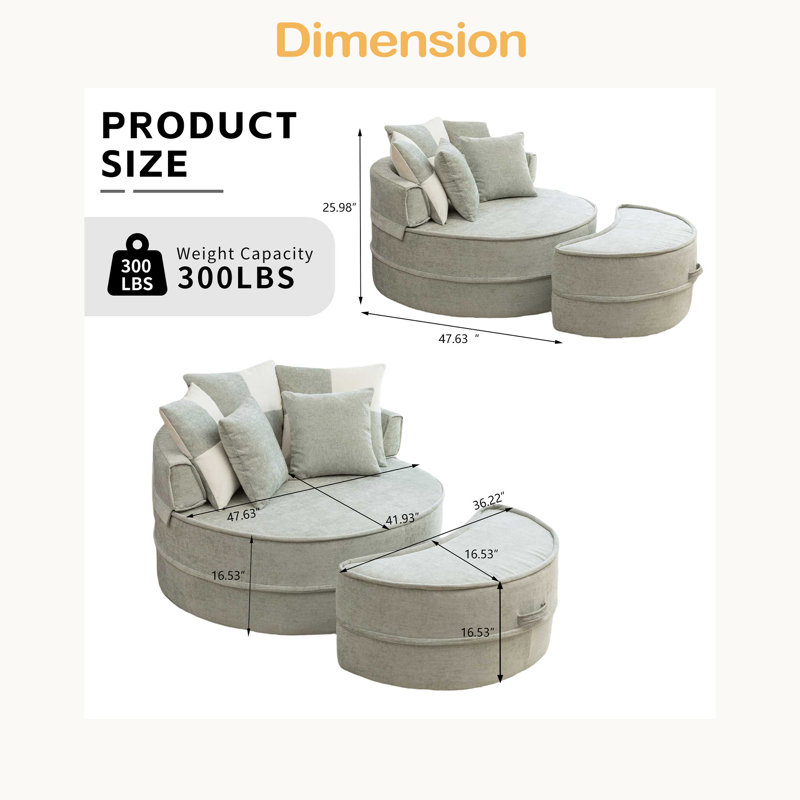 Fauteuil demi-tonneau d'appoint surdimensionné avec 5 coussins en chenille rembourrée avec canapé et repose-pieds pour le salon