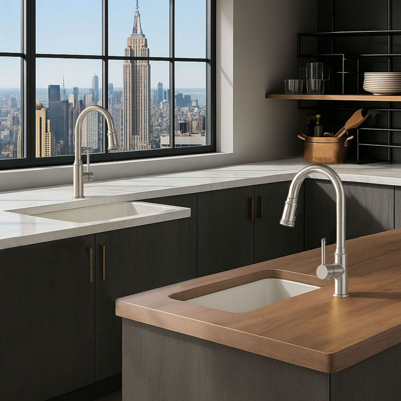 Robinet de cuisine rétractable à poignée simple avec accessoires, Nickel brossé