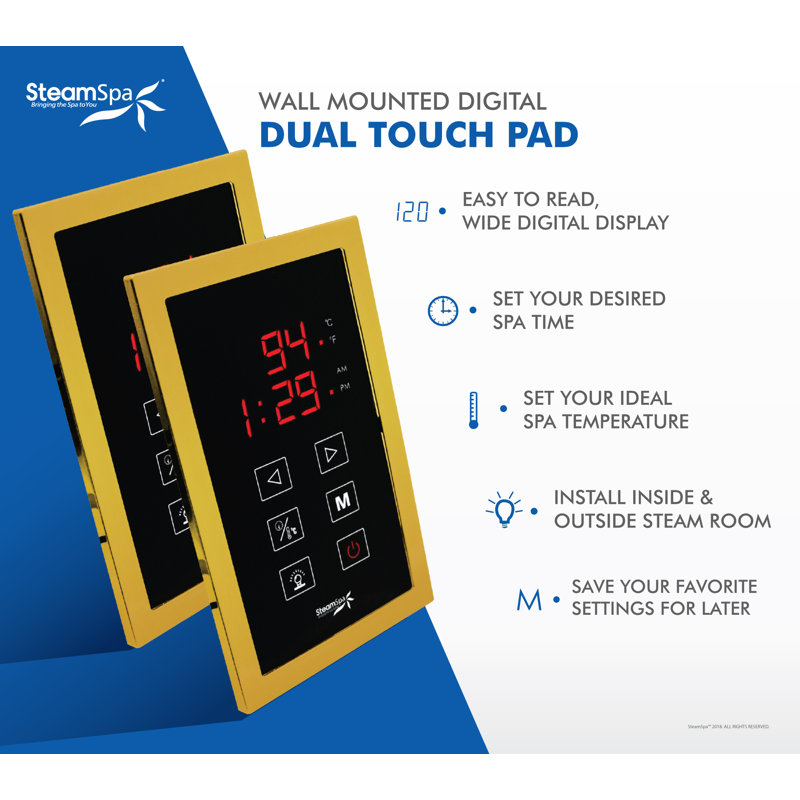 Ensemble de générateur de bain à vapeur en acier inoxydable à démarrage rapide 6 kW Steamspa Royal Series - Finition or brillant