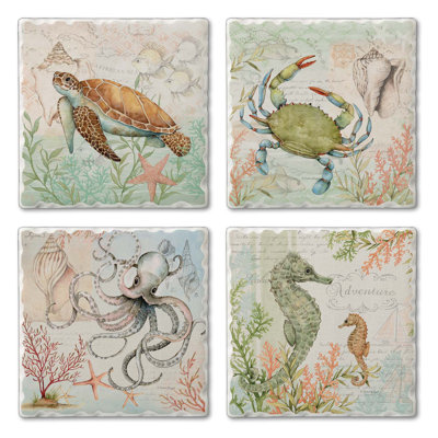 Caribbean Seas 4-Pack Assorted Tumbled Tile Coasters