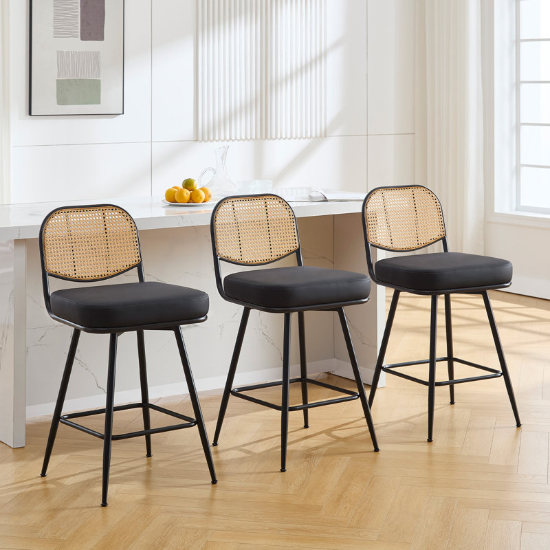 Upholstered Swivel Counter Stool With Rattan Backrest, Black, Counter Stool (26” Seat Height)