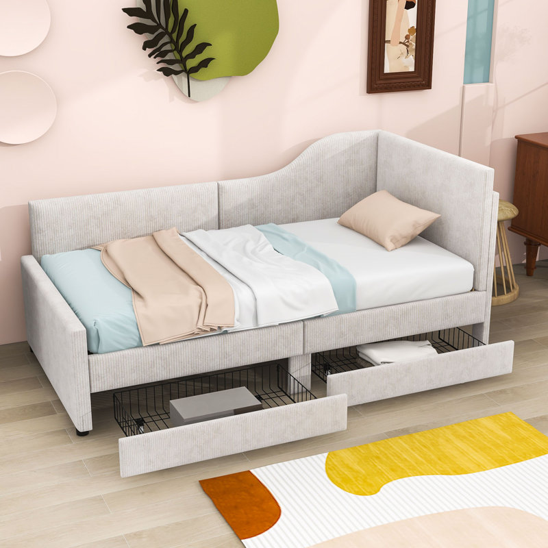 Wooten Twin Size L-Shaped Corduroy Daybed with Storage Drawers, Beige