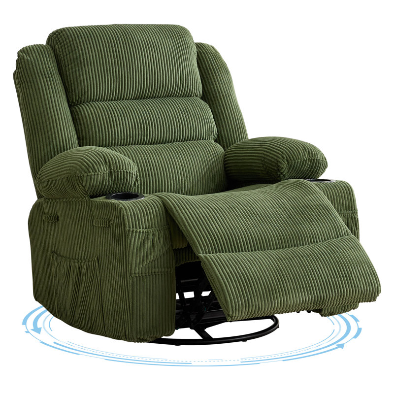 Fauteuil inclinable pivotant à 360 ° avec porte-gobelet et siège profond rembourré pour le salon, Velours côtelé vert