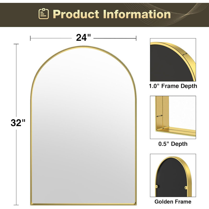 Axia Metal Arch Wall Mounted Mirror, Brushed Gold, 32" x 24"