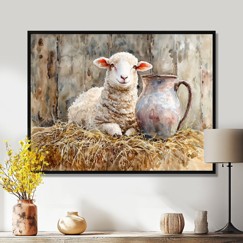 Douwine Baby Sheep Portrait at The Barn I - Sheep, art mural de salon, H 30 po x l 40 po, Noir, noir, noir, noir